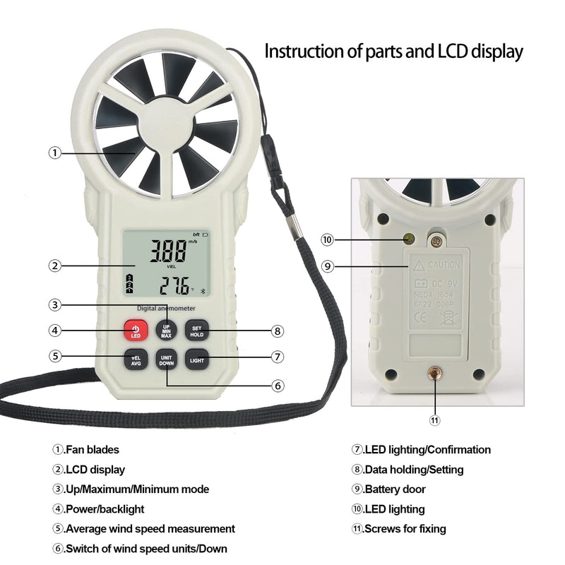  [AUSTRALIA] - Digital Anemometer Anemometer, Portable Air Flow Meter, CFM Meter for HVAC Fan/Shooting/Drone, Air Flow Speed Meter with Wind Temperature/Humidity Sensor-Gray Black.(APP)