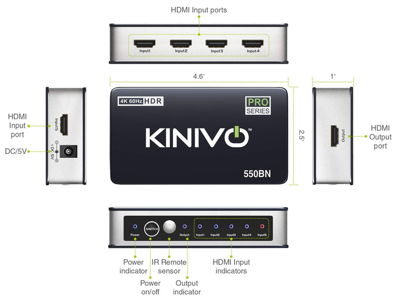  [AUSTRALIA] - Kinivo HDMI Switch 4K HDR (5 Port, 4K 60Hz, HDMI 2.0, High Speed-18Gbps, IR Remote) - Compatible with Roku, PS5/PS4, Xbox, Apple TV, Blu-ray Player, Cable Box 4K - 5 Port