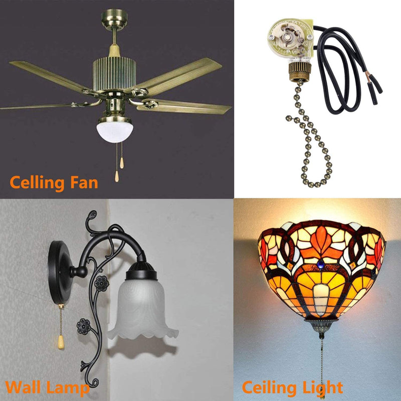  [AUSTRALIA] - 2 Pack Fan-Light Switch & Pull Chain,ZE-109 Fan Light Switch, Electrical Pull Chain Switch,ON-Off, 6 A/125V AC, 6 inch Wire Terminal Wall Lamps Switch, Cabinet Light Switch (Antique Brass Pull Chain)