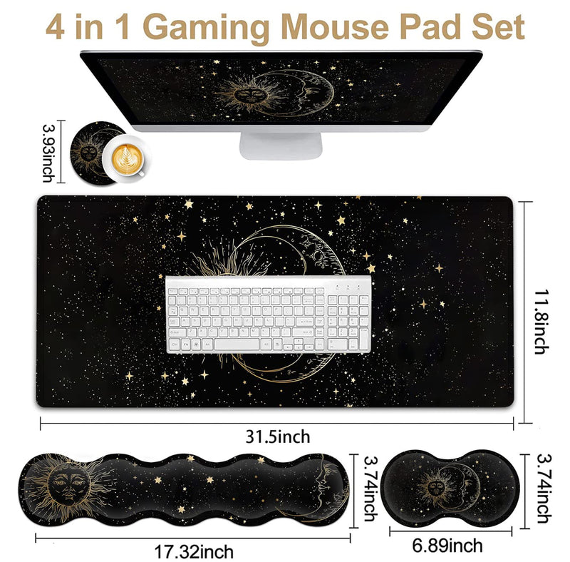  [AUSTRALIA] - Extended Large Mouse Pad+Keyboard Wrist Rest Support , Ergonomic Memory Foam Wrist Rest Easy Typing, 4Pcs Desk Pad Set for Home Office, Sun Moon Star Pattern XXL Gaming Black Desk Mat JV-mouse pad-8-35