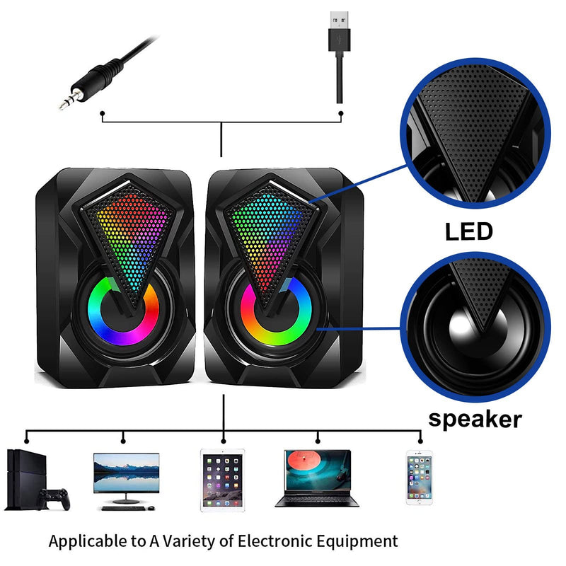  [AUSTRALIA] - Atrasee RGB Computer Speakers for Desktop, Stereo 2.0 USB-Powered PC Gaming Speakers with Surround Bass, 7 Colors LED Lights, 3.5mm Aux Wired for Laptop Desktop Projector Monitor TV Tablets X2