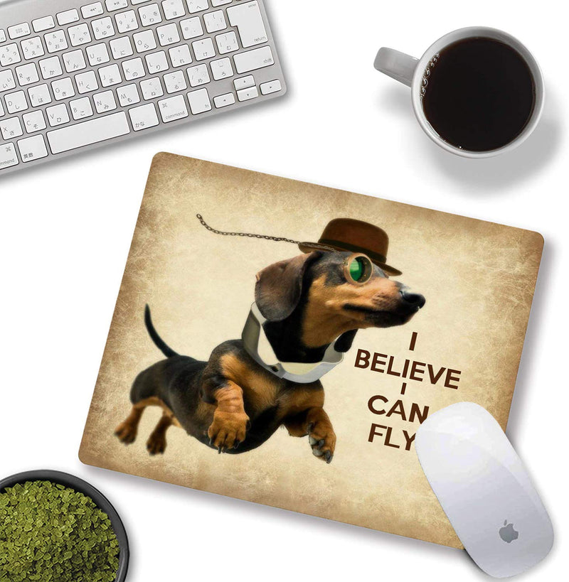  [AUSTRALIA] - Custom Mouse Pad Funny Sausage Dog Cute Flying Dachshund with Glasses Design Art, Joking Quotes and Sayings I Believe I Can Fly Mousepad Mat Dog-N