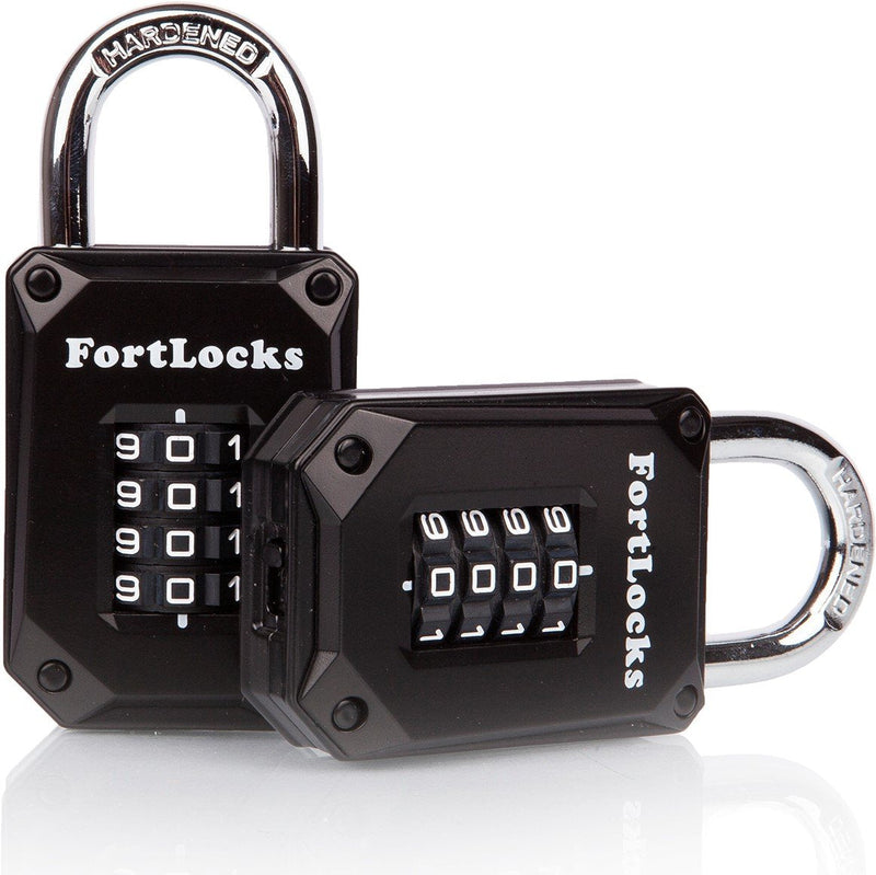  [AUSTRALIA] - 2 Pack FortLocks Gym Locker Lock - 4 Digit, Heavy Duty, Hardened Stainless Steel, Weatherproof and Outdoor Combination Padlock - Easy to Read Numbers - Resettable and Cut Proof Combo Code - Black