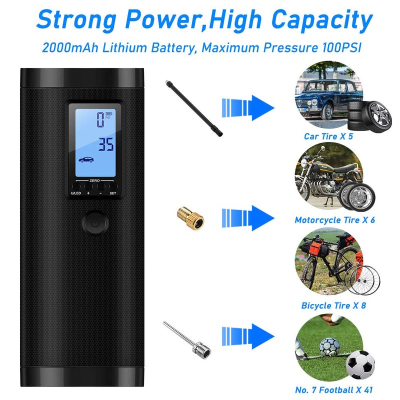  [AUSTRALIA] - Portable Air Compressor Mini Tire Inflator, VEEAPE Hand Held Pump 2000mAh with Emergency Lighting Digital LED Light, Rechargeable Lithium Battery for Bicycle Motorcycle Tires Ball and Other Inflatable