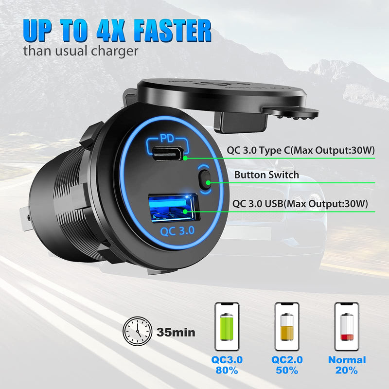  [AUSTRALIA] - 2 Pack 12v USB Outlet, U48W USB C Car Charger Socket Dual USB Outlet PD & QC 3.0 Car Socket with ON Off Switch Fast Car Charger for Car, Boat, Marine, Bus, Truck, Golf Cart, RV, Motorcycle