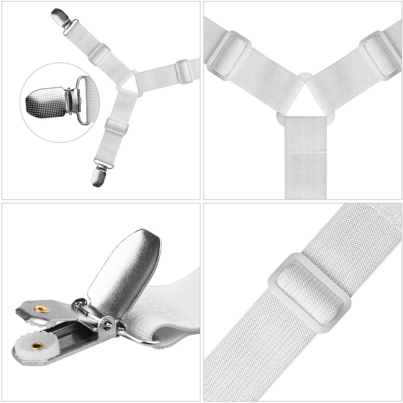  [AUSTRALIA] - MomStifl Bed Sheet Straps Fasteners, 2-Set Adjustable White Elastic Triangle Sheets Gripper Holder Straps Clips Suspenders Grippers for Crib Mattress Pad, Sofa Cushion
