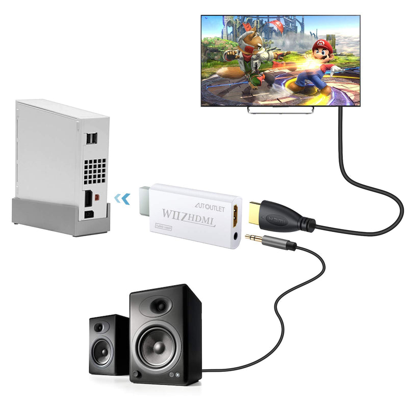  [AUSTRALIA] - AUTOUTLET Wii to Hdmi Converter Output Video Audio Adapter, with 1M HDMI Cable Wii2HDMI 3.5mm Audio Video Output Supports 720/1080P All Wii Display Modes for Nintendo White