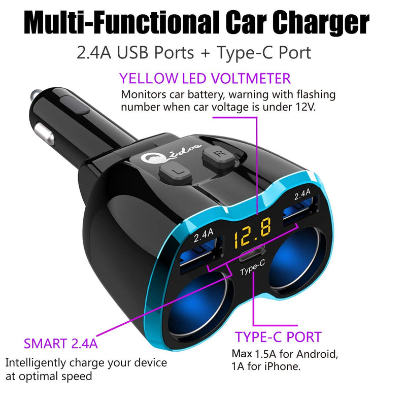  [AUSTRALIA] - USB C Car Charger, Cigarette Lighter Splitter Adapter 2 Socket Type C Multi Power Outlet 12V/24V 80W DC with LED Voltmeter Switch 5.8A Dual USB Port for Mobile Cell Phone GPS Dash Cam