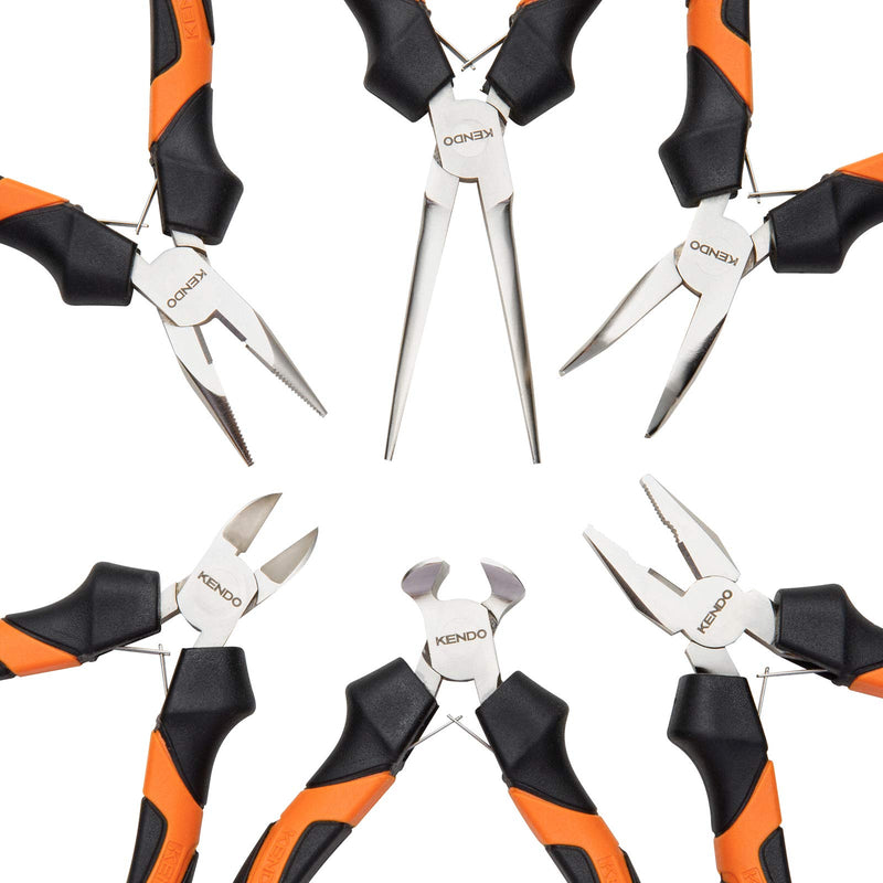  [AUSTRALIA] - KENDO 6-Pieces Mini Pliers Set - Long, Bent, Needle Nose, Diagonal, End Cut, Combination - Spring Loaded Handle, 4.5 Inch - Mechanic, Craftsman Basic Tool Kit - Roll Up Carry Bag Included