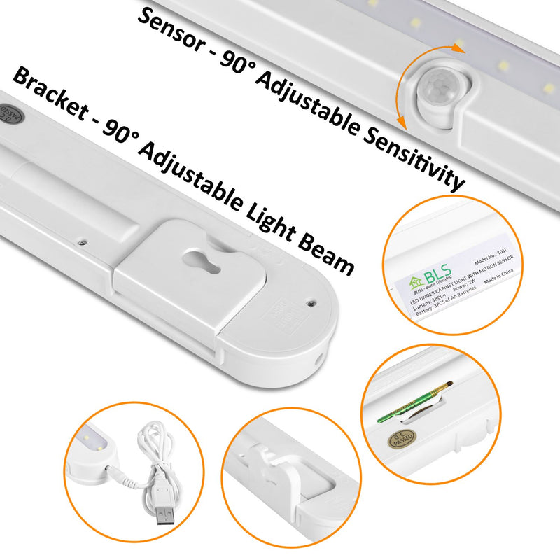 T01L LED Closet Light - BLS Super Bright 20 LED Under Cabinet Lighting Battery Powered/DC Input Wireless Motion Sensing Light, Auto On Off Switch, Motion Sensor & Light Sensor, Light Beam Adjustable White - LeoForward Australia