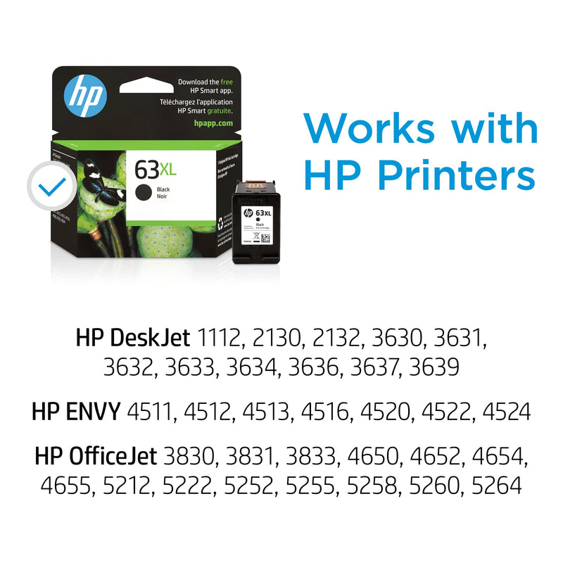  [AUSTRALIA] - HP 63XL Black High-yield Ink Cartridge | Works with HP DeskJet 1112, 2130, 3630 Series; HP ENVY 4510, 4520 Series; HP OfficeJet 3830, 4650, 5200 Series | Eligible for Instant Ink | F6U64AN