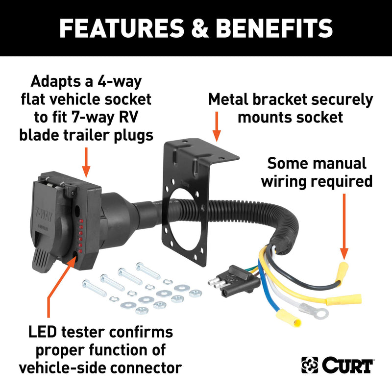  [AUSTRALIA] - CURT 57676 4-Way Flat Vehicle-Side to 7-Way RV Blade Trailer Wiring Adapter with Tester