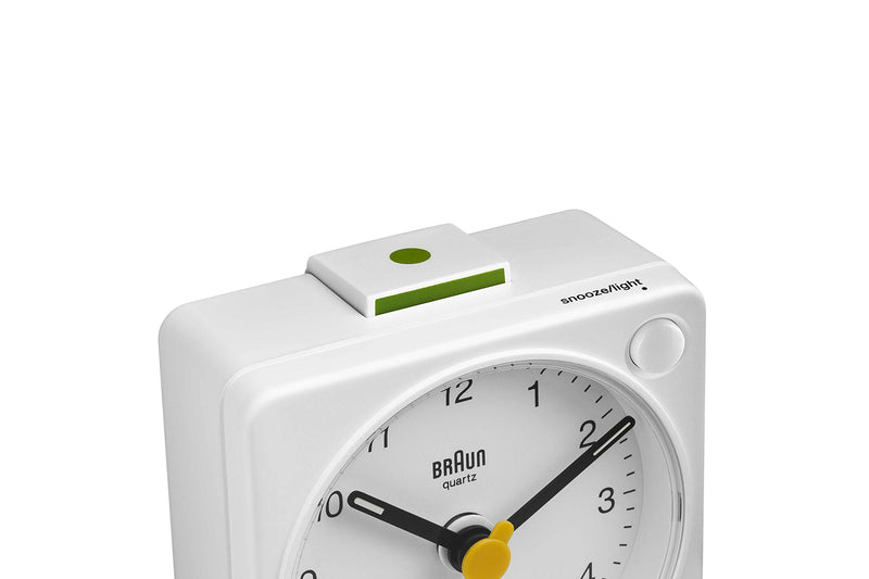  [AUSTRALIA] - Braun Classic Travel Analogue Clock with Snooze and Light, Compact Size, Quiet Quartz Movement, Crescendo Beep Alarm in White, Model BC02XW, One