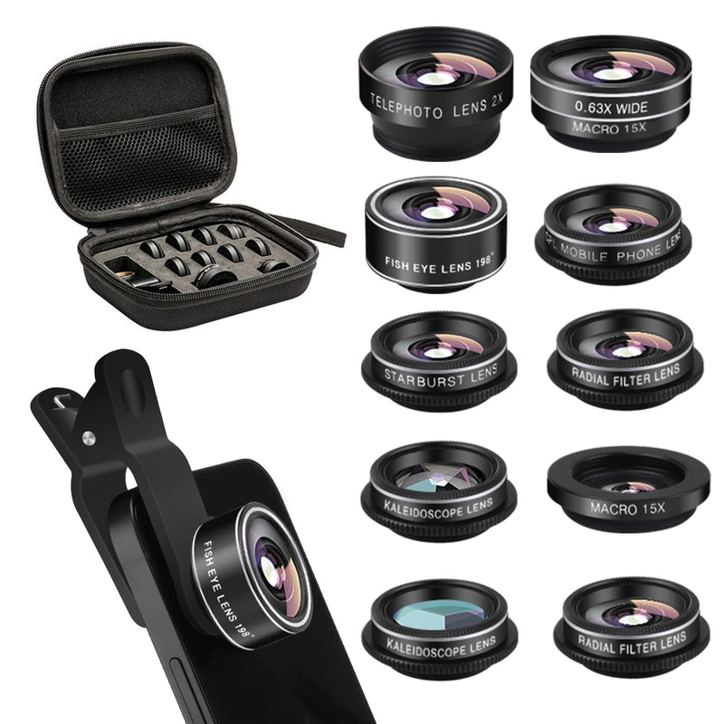  [AUSTRALIA] - Cell Phone Camera Lens Kit,11 in 1 Super Wide Angle+ Macro+ Fisheye Lens +Telephoto+ CPL+3/6 Kaleidoscope+Starburst/Radial/Soft/Flow Filter Lens Compatible for iPhone X/8/7/6s/6 Plus, Samsung,Android