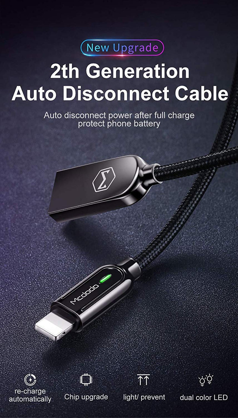 Mcdodo Power Off/On Smart LED Auto Disconnect and Auto Recharge Nylon Braided Sync Charge USB Data 6FT/1.8M Cable Compatible with Phone Xs MAX XR X 8 8 Plus 7 7 Plus 6s List Below (Black, 6FT/1.8M) Black - LeoForward Australia