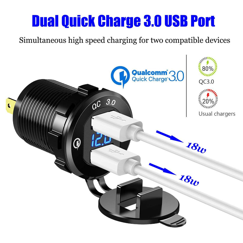  [AUSTRALIA] - YONHAN 12V USB Outlet Quick Charge 3.0 Dual USB Charger Socket, USB Cigarette Lighter Socket with LED Voltmeter, Waterproof Aluminum Car Charger Adapter DIY Kit for Car Marine Truck Golf Cart RV, etc. Blue