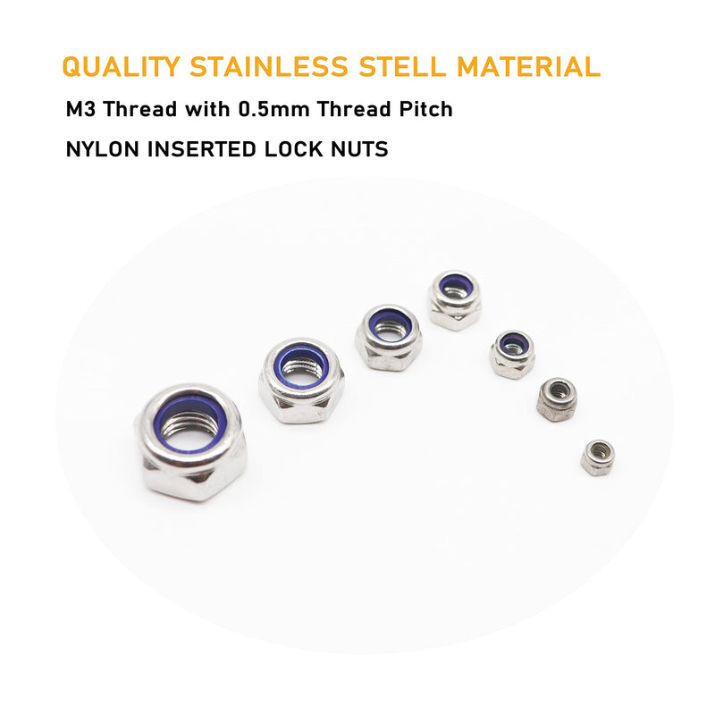  [AUSTRALIA] - 100Pcs M3 x 0.5mm 304 Stainless Steel Self-Lock Nylon Inserted Hex Lock Nuts, Self Clinching Nuts