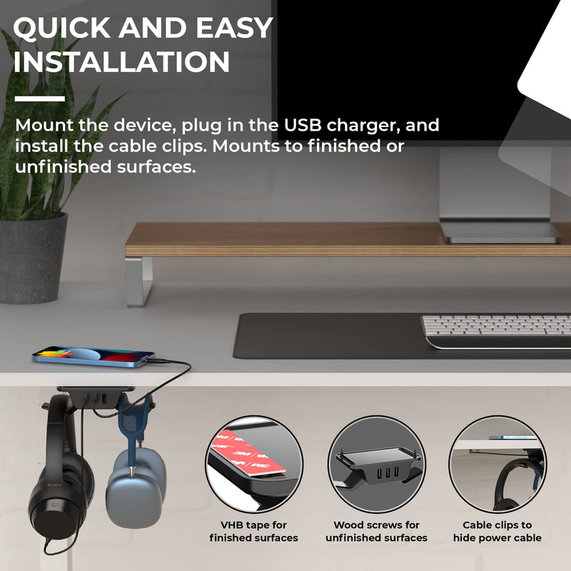  [AUSTRALIA] - HumanCentric Hook and Charge Headphone Hanger with USB Charger, Under Desk Headphone Mount + Headphone Stand, Charge Accessories with 3 USB A Ports, Hook Headphones on Headset Holder Desk Hook, Black