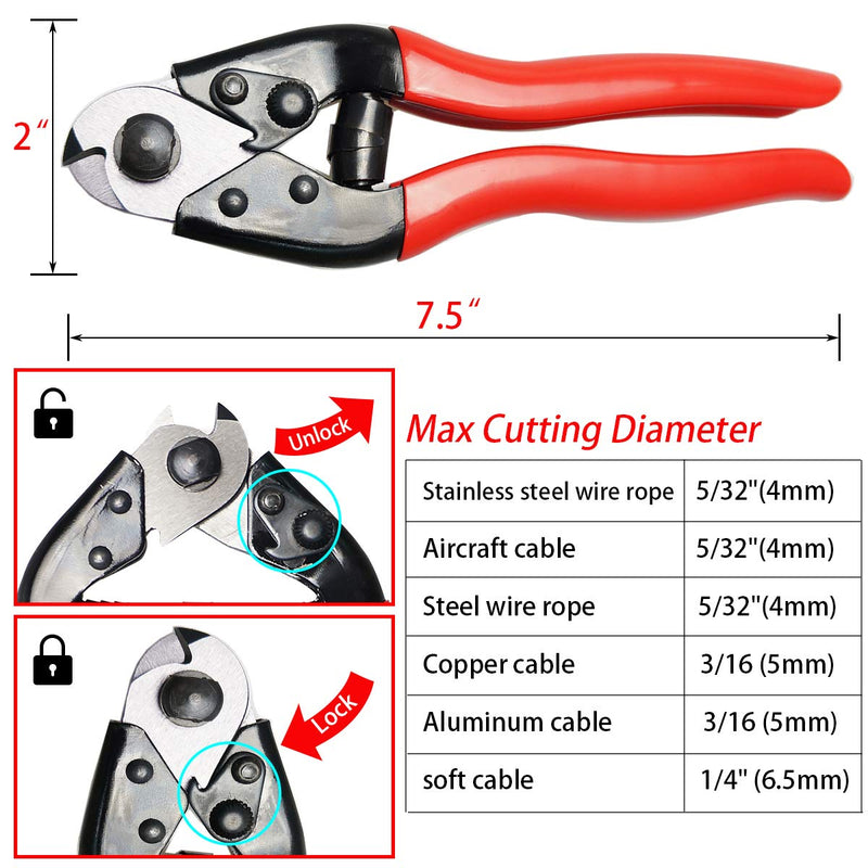  [AUSTRALIA] - NTPKS Steel Wire Cutter for both soft and hard steel cable or wire rope or spring wire+ 5Pcs of 3/16" Cable Wire Ferrules + 5Pcs Bike Brake Cable Cap End Tips