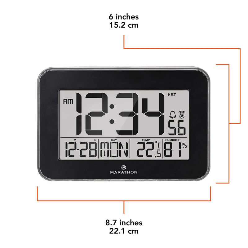 MARATHON CL030060BK Designer Atomic Wall Clock with Polished Acrylic Bezel. Displays Calendar, Indoor Temperature and Humidity. (Black) Black - LeoForward Australia