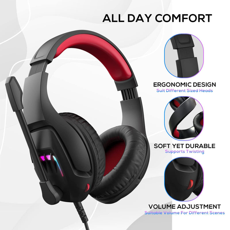  [AUSTRALIA] - INHANDA Gaming Headset with Microphone for PC PS4 Headset Xbox One Headset Noise Cancelling Gaming Headphones for Switch PS5 Headset with LED Lights for Kids Adults Black Red A12-Black