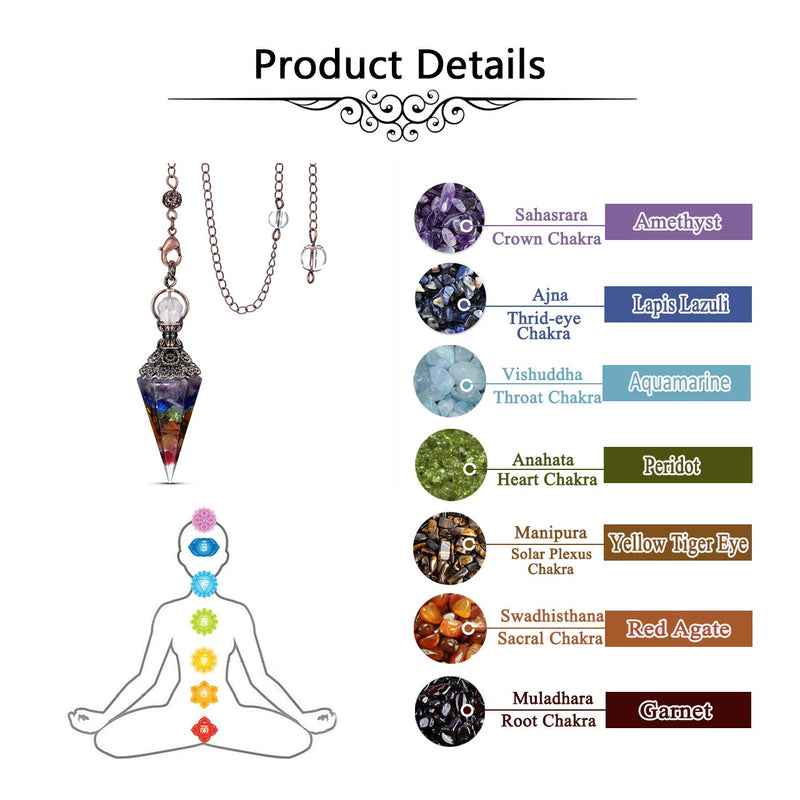  [AUSTRALIA] - Jovivi 7 Chakra Healing Crystal Pendulums for Dowsing Divination 6 Facted Hexagonal Pointed Cone Resin Chip Stones Reiki Wicca Spritual Gemstone Chakra Energy Pendant with Chain