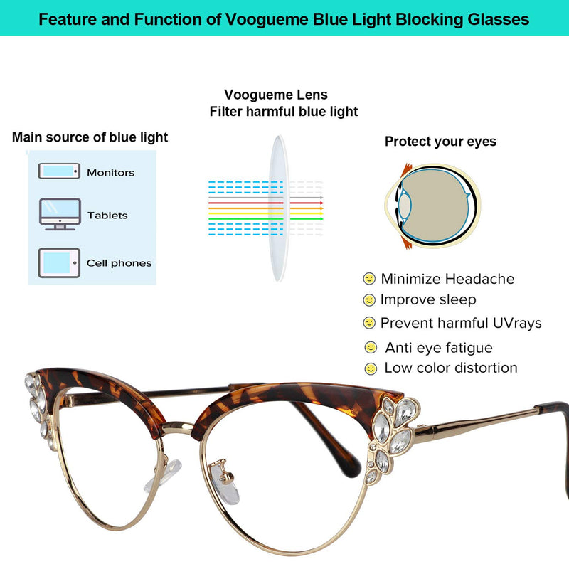  [AUSTRALIA] - Voogueme Stylish Tortoise Cat Eye Blue Light Blocking Glasses for Women, Block UV Blue Light, Anti Eyestrain Eyeglasses Portia VFX0060-02