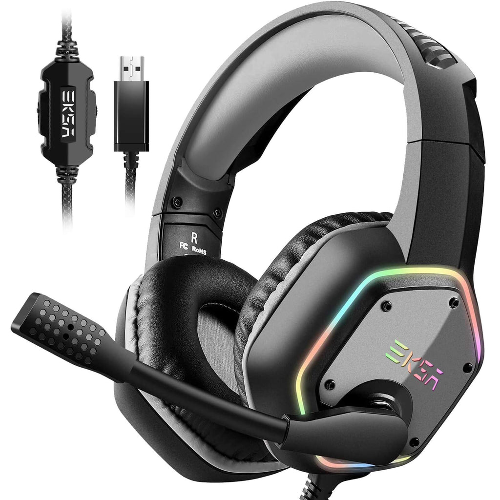  [AUSTRALIA] - EKSA E1000 USB Gaming Headset for PC, Computer Headphones with Microphone/Mic Noise Cancelling, 7.1 Surround Sound, RGB Light - Wired Headphones for PS4, PS5 Console, Laptop, Call Center Gray