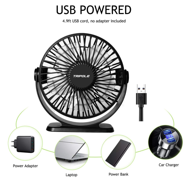  [AUSTRALIA] - TriPole Small Desk Fan USB Powered Portable Fan 3 Speeds Strong Airflow Mini Fan 360°Rotation Personal Fan 5.1 Inch Table Fan for Home Office Bedroom Desktop, Black, 4.9ft Cable