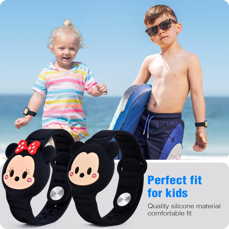  [AUSTRALIA] - 2 Pack AirTag Holder for Kids, Waterproof Airtag Bracelet for Kids with Cute Cartoon Design, Full Coverage Anti-Lost Silicone Airtag Wristband for Children, Healthy Material (Black) Black