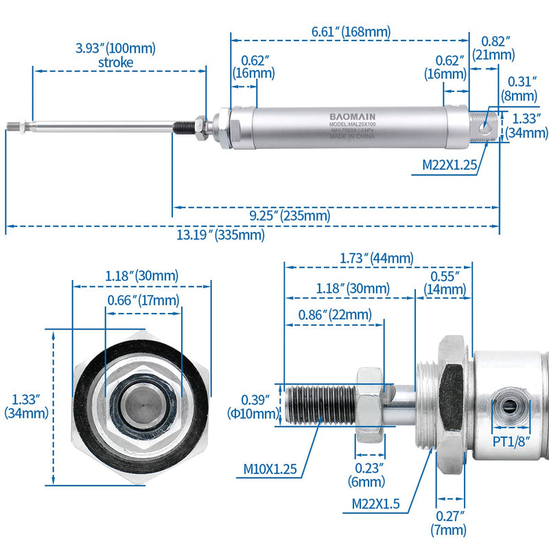  [AUSTRALIA] - Baomain Mini Air Cylinder MAL 25 X 100 Single Male Thread Rod Dual Action 25 Bore 100 Stroke