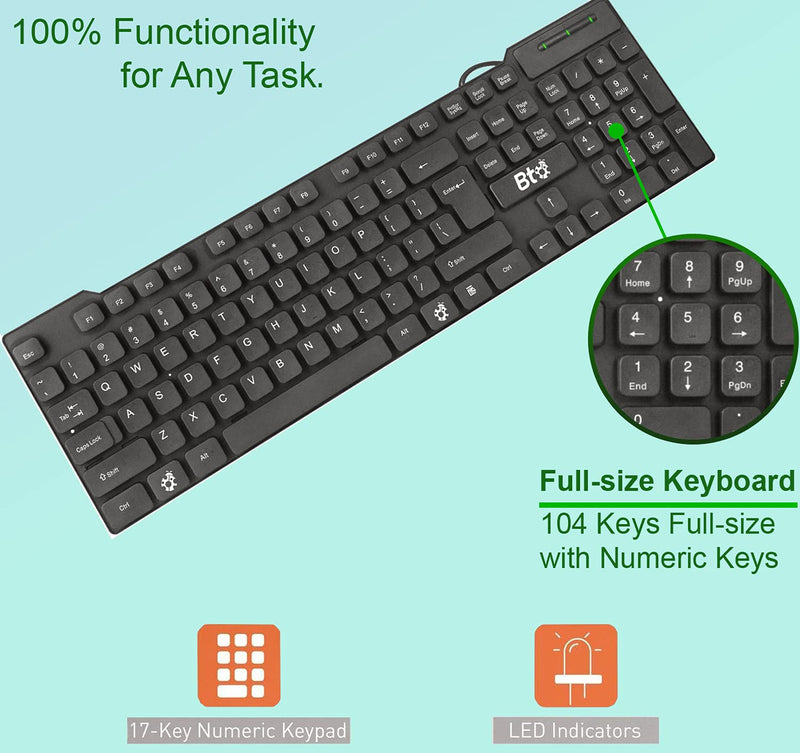  [AUSTRALIA] - BTO USB Wired Keyboard, 104 Keys with Numeric Pad, Anti Spill and Dust Proof, Slim and Flexible Design, Compatible with Laptop Notebooks, Desktops PCs, Tablets, Towers, Windows 7, 8, 10.