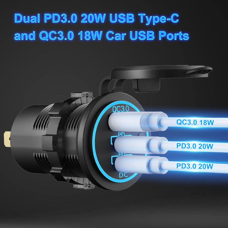  [AUSTRALIA] - 12V USB Outlet Wire USB Charger Multi Port, Dual PD3.0 USB-C and Quick Charge3.0 Car USB Port Socket with Power Switch, Fast Charge for iPhone iPad Android Phones, Suitable for Car Boat RV Marine ATV