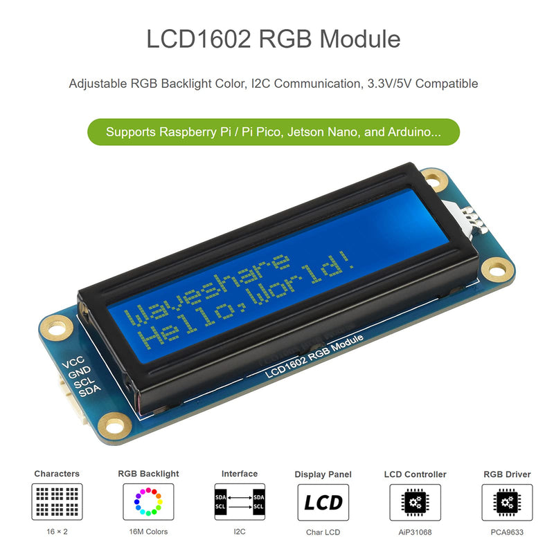  [AUSTRALIA] - 1602 LCD Display RGB Module 16x2 Characters 16M Colors RGB Backlight LCD Module, 3.3V/5V Compatible, I2C Bus, for Raspberry Pi/Pi Pico, Jetson Nano Arduino