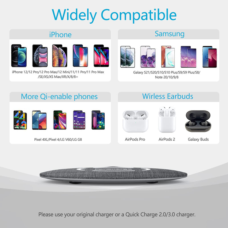  [AUSTRALIA] - Flat Fabric Wireless Charger, 15W Super Slim Universal Wireless Charging Pad for iPhone 14/13/12/11/XR/X/8, Android Wireless Charger for Galaxy S21/S20 Ultra/S10/Note 10, Pixel 5/4 XL (No AC Adapter)