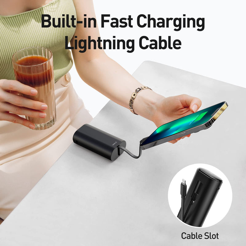  [AUSTRALIA] - iWALK LinkPod Y2 Power Bank Fast Charging 9600mAh,Small Portable Charger with PD Output & LED Display,[2022 Upgrade]Battery Pack Portable Charger with Built-in Cable Compatible with iPhone 14/13/12/6 Black