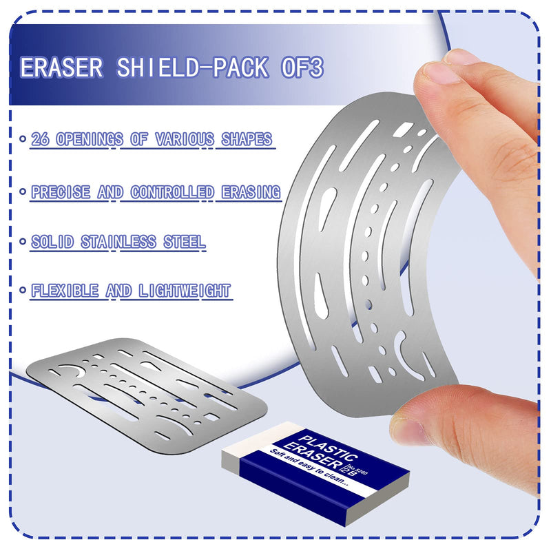  [AUSTRALIA] - 8 Pieces Erasing Shields Stainless Steel Erasing Shield Kit 3 Erasing Shield Stainless Steel Drawing Template 1 Edge Cleaning Brush 3 Erasers and 1 Zipper File Bag for Painting, Shield Drafting Tools