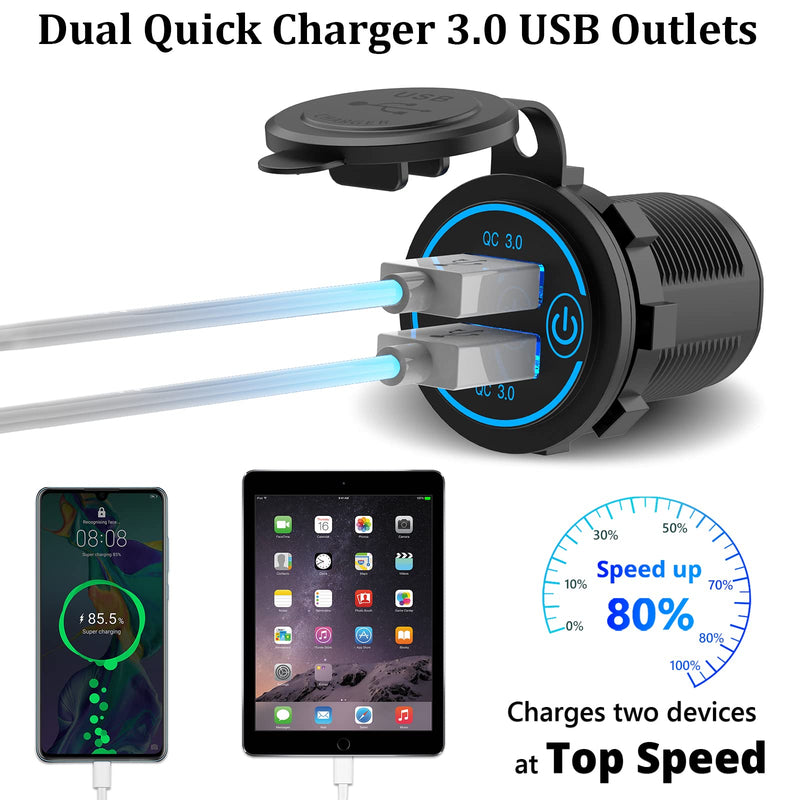  [AUSTRALIA] - Quick Charge 3.0 Dual USB Charger Socket, Qidoe Waterproof 12V USB Outlet 36W Dual QC3.0 USB Power Socket with Touch Switch DIY Car USB Port for Car Boat Marine RV Motorcycle Bus Truck Golf Cart etc Blue