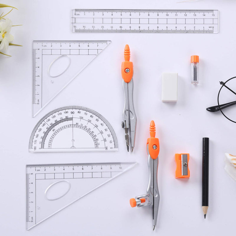 Unjoo Math Geometry Kit Sets 10 Piece Student Supplies with Shatterproof Storage Box,Includes Rulers,Protractor,Compass,Eraser,Pencil Sharpener,Lead Refills,Pencil,for Drafting and Drawings（Orange） Orange - LeoForward Australia