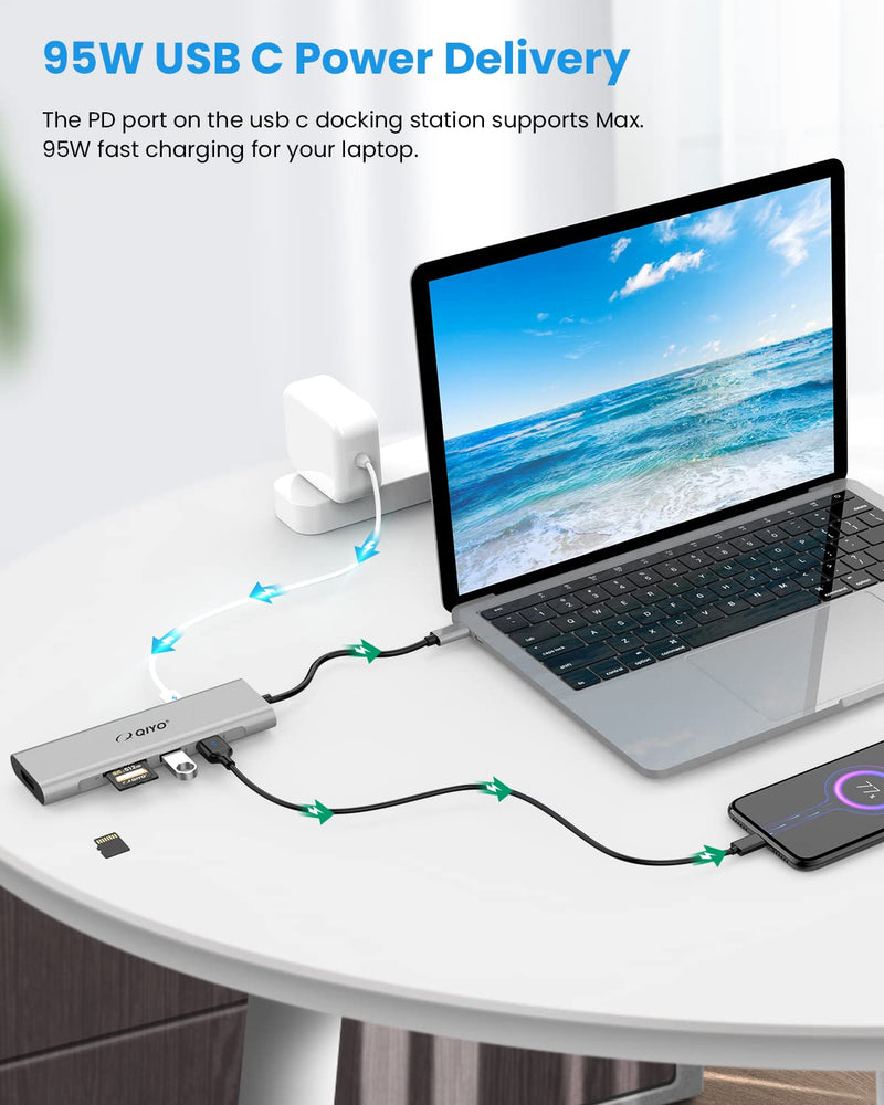  [AUSTRALIA] - Docking Station, USB C Hub, QIYO 9 in 1 USB C Triple Display Docking Station with Dual 4K HDMI, DP, 95W PD, 3 USB 3.0 and TF/SD Card Reader for MacBook Pro Air and Type-C Laptops with Thunderbolt 3