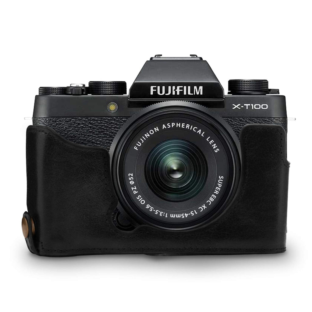  [AUSTRALIA] - MegaGear Ever Ready Genuine Leather Camera Half Case and Strap Compatible with Fujifilm X-T100 Black