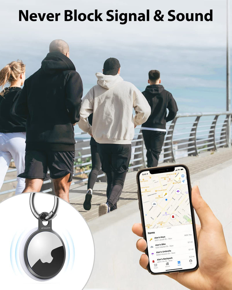  [AUSTRALIA] - Stouchi 4 Packs Airtag Holder Key Ring, Stainless Steel Invisible Slim Keychains Compatible with Airtag 2021 Finder Items, Dog, Key, Backpacks Air Tag Accessories with 2 anti-lost ropes 2 Grey+ 2 Silver