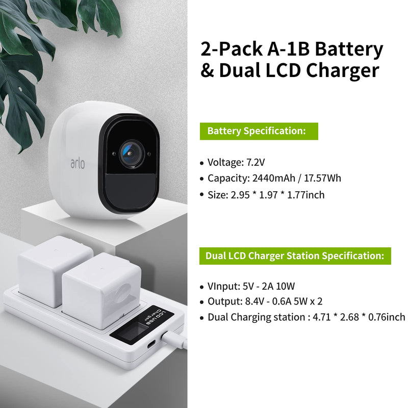  [AUSTRALIA] - Eeyrnduy Battery for arlo Pro,Pro 2 Camera Replacement for VMA4400,Dual Channel Charging Station and 2- Pack 2440mAh Rechargeable Batteries 7.2V/17.57Wh