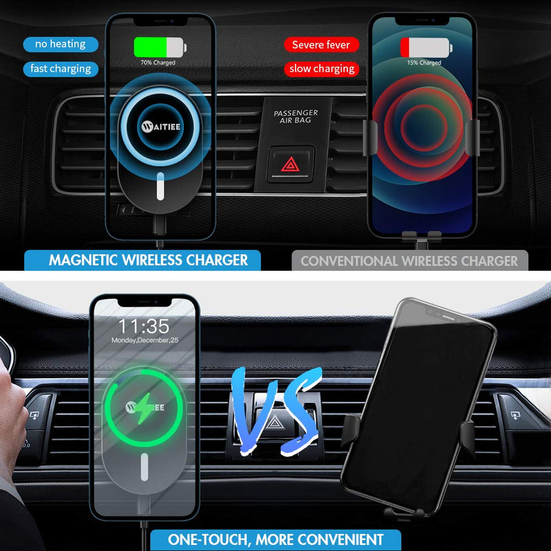  [AUSTRALIA] - WAITIEE Magnetic Wireless Car Charger Compatible with iPhone 14/13/12 Series Caseless and Magnetic Cases with QC3.0 Adapter, Fast Wireless Car Mount with Secure Air Vent Clamp, Black