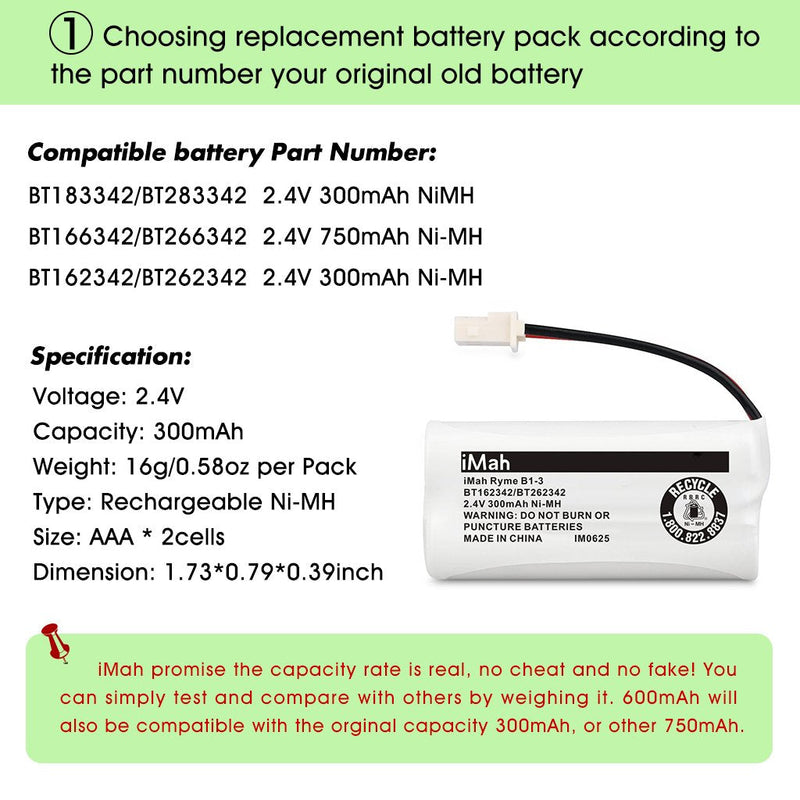  [AUSTRALIA] - iMah Ryme B1-3 BT162342 BT262342 Cordless Phone Batteries Compatible with VTech CS6409 CS6419 CS6429 CS80100 AT&T CL81101 EL5210 EL52400 Handset Telephone (Pack of 3) 3-Pack, BT162342/BT262342