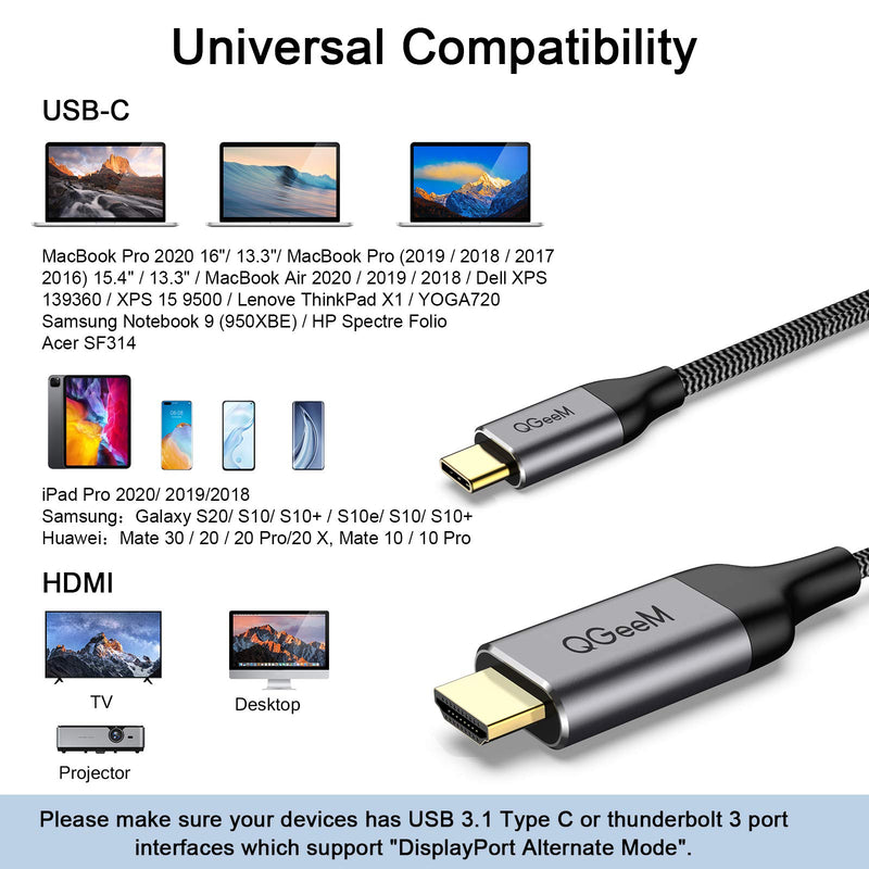 QGeeM USB C to HDMI Cable Adapter,QGeeM 6ft Braided 4K@60Hz Cable Adapter(Thunderbolt 3 Compatible) Compatible with iPad Pro,MacBook Pro 2018 iMac, Pixel,Galaxy S9 Note9 S8 Surface Book hdmi USB-c 6 ft - LeoForward Australia