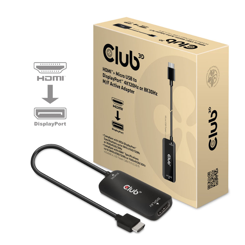  [AUSTRALIA] - Club 3D 4K 120Hz or 8k30Hz HDMI to DisplayPort Video Adapter w/USB Power - HDMI 2.1 (Male) to DP 1.4 (Female) Active Monitor Converter (CAC-1335)