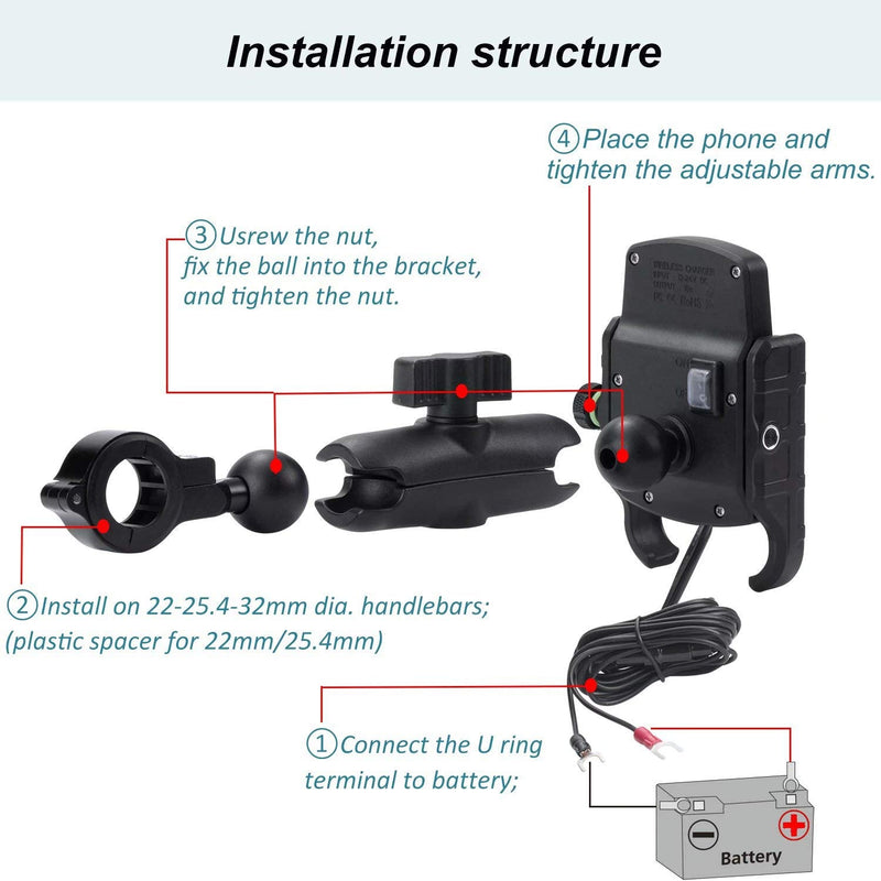  [AUSTRALIA] - iMESTOU Motorcycle Wireless Phone Mount 15W Qi Charger 1" Ball Stem Socket Handlebar Cell Phone Holder 360 Rotation Waterproof with Switch for iPhone Samsung Sony max. 90mm(W) 11mm(THK) Smartphones