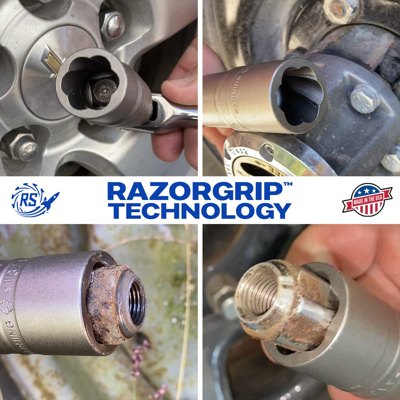  [AUSTRALIA] - ROCKETSOCKET | Made in USA | Lug Nut & Wheel Bolt removal socket | Extract Damaged, Frozen, Rusted, Rounded-off Lug Nuts & Wheel Bolts | 2-sided 1/2" Drive, fits most vehicles | 100% USA Steel