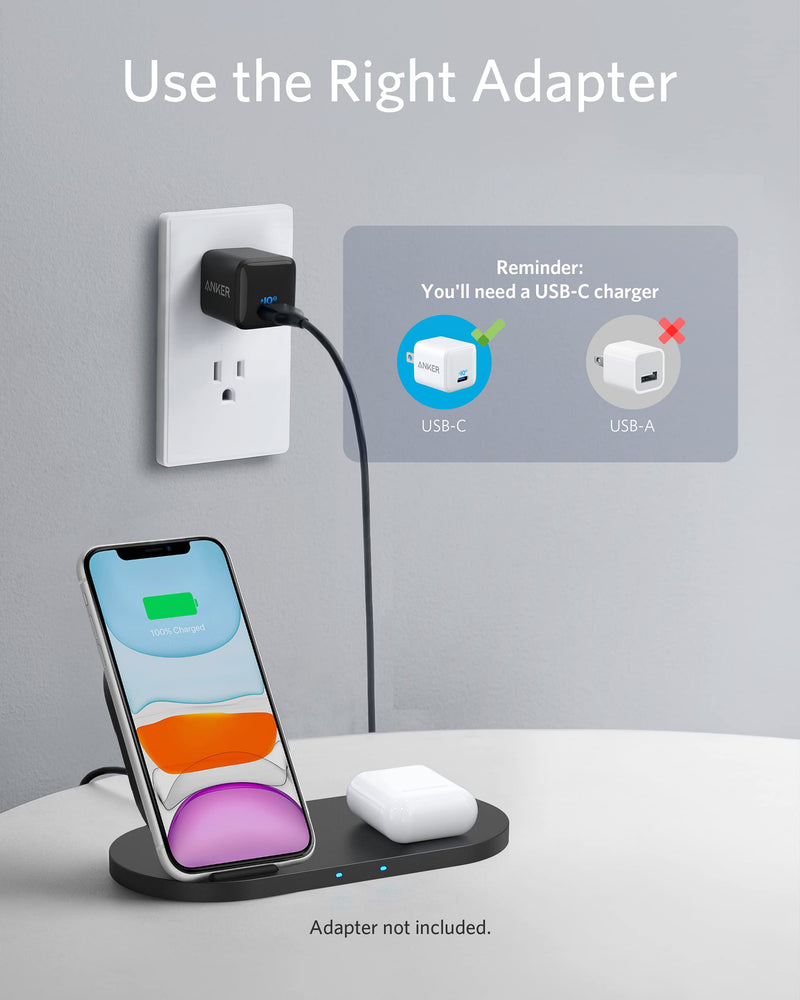  [AUSTRALIA] - Anker Wireless Charging Station, PowerWave Sense 2-in-1 Station with 5 ft USB-C Cable, for iPhone 14/14 Pro/14 Pro Max/13/13 Pro Max, Samsung, AirPods and More (Adapter Not Included)